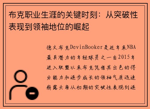 布克职业生涯的关键时刻:从突破性表现到领袖地位的崛起 布克职业生涯的关键时刻:从突破性表现到领袖地位的崛起